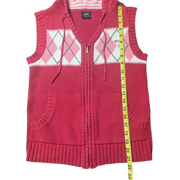 Vintage Le Tigre Preppy Red and Pink Argyle Hooded Vest Size Medium - Picture 3 of 4